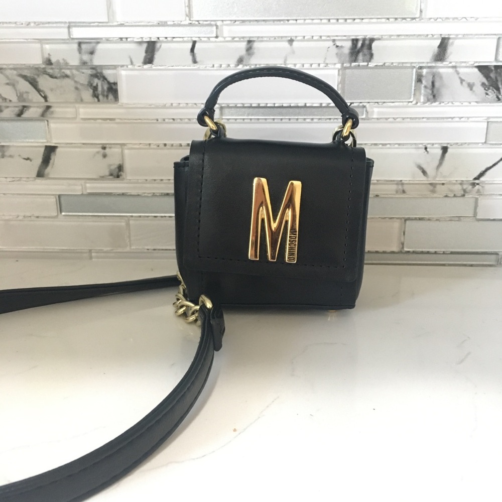 Moschino Mini Black Leather Crossbody Gold 'M' Hardware